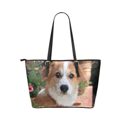 Flower Garden Dog Geometric Floral Leather Tote Bag/Large (Model 1651)