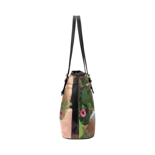 Flower Garden Dog Geometric Floral Leather Tote Bag/Large (Model 1651)