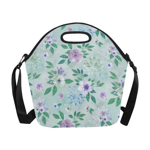 Watercolor Spring Flowers Pattern cyan lilac Neoprene Lunch Bag/Large (Model 1669)