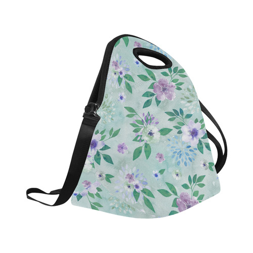 Watercolor Spring Flowers Pattern cyan lilac Neoprene Lunch Bag/Large (Model 1669)