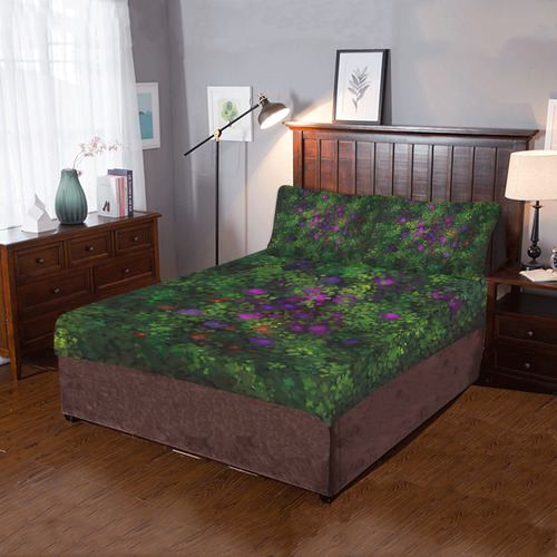 Wild Rose Garden, Oil painting. Red, purple, green 3-Piece Bedding Set