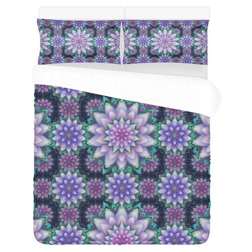 Lotus Flower Ornament - Purple and green 3-Piece Bedding Set