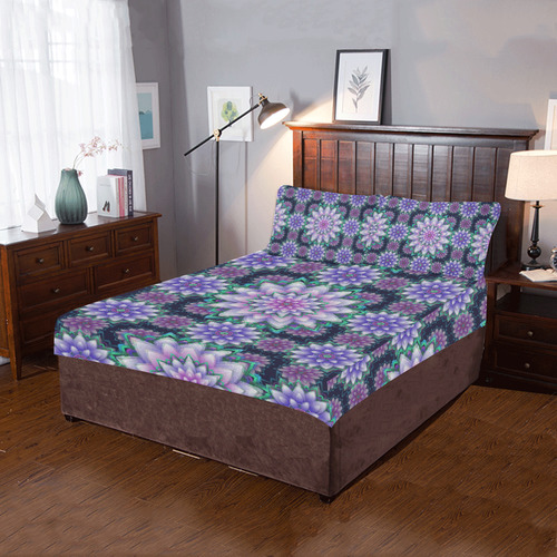 Lotus Flower Ornament - Purple and green 3-Piece Bedding Set