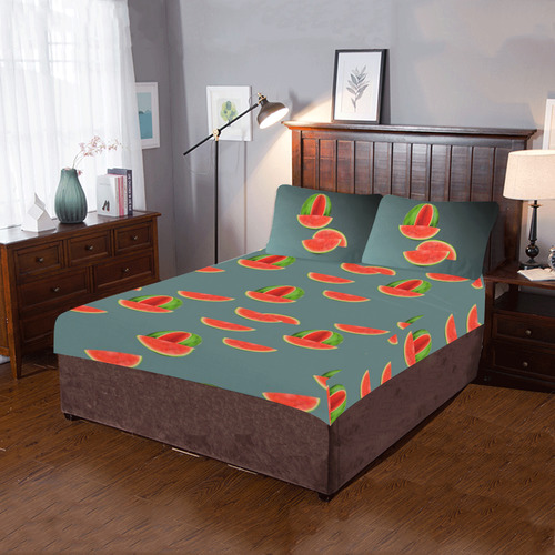 Watercolor Watermelon red, green and sweet pattern 3-Piece Bedding Set