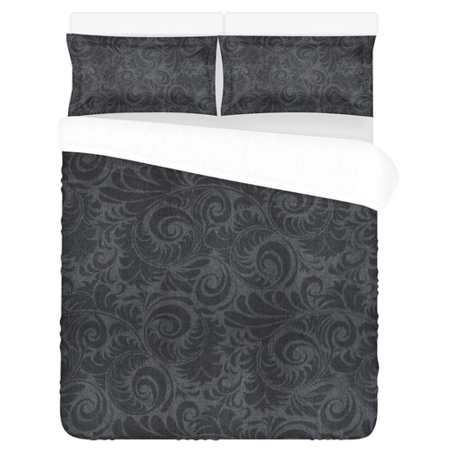 Denim with vintage floral pattern, black grey 3-Piece Bedding Set