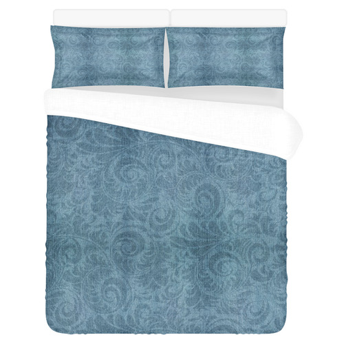 Denim with vintage floral pattern, turquoise blue 3-Piece Bedding Set