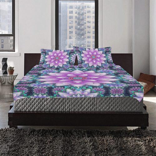 Lotus Flower Ornament - Purple and turquoise 3-Piece Bedding Set