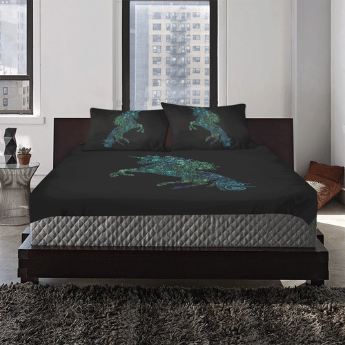 3D Psychedelic Unicorn blue and green 3-Piece Bedding Set