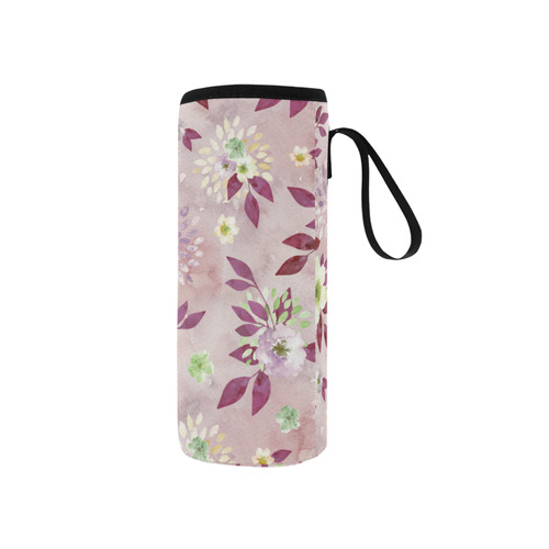 Watercolor Spring Flowers Pattern plum green Neoprene Water Bottle Pouch/Small