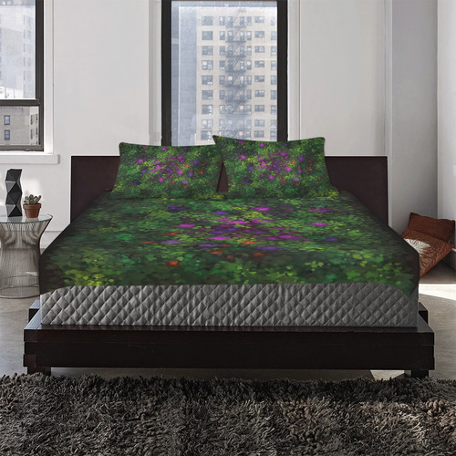 Wild Rose Garden, Oil painting. Red, purple, green 3-Piece Bedding Set