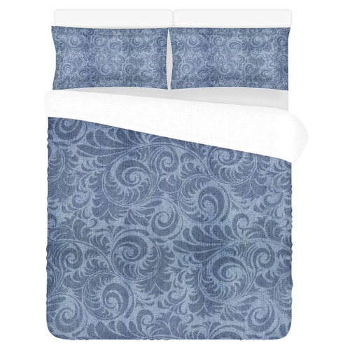 Denim with vintage floral pattern, blue boho 3-Piece Bedding Set