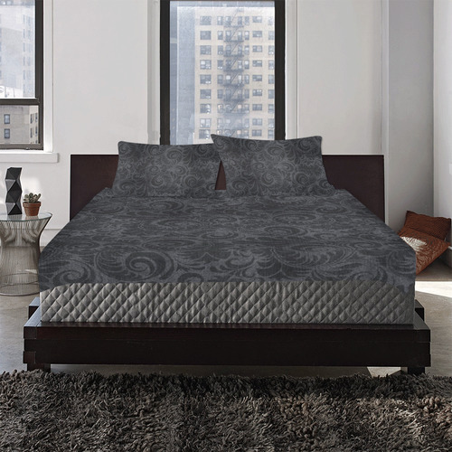 Denim with vintage floral pattern, black grey 3-Piece Bedding Set