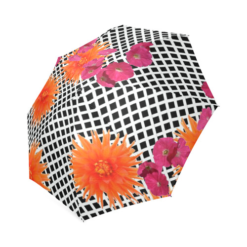 Umbrella Black White Check Orange Pink Flowers by Tell3People Foldable Umbrella (Model U01)