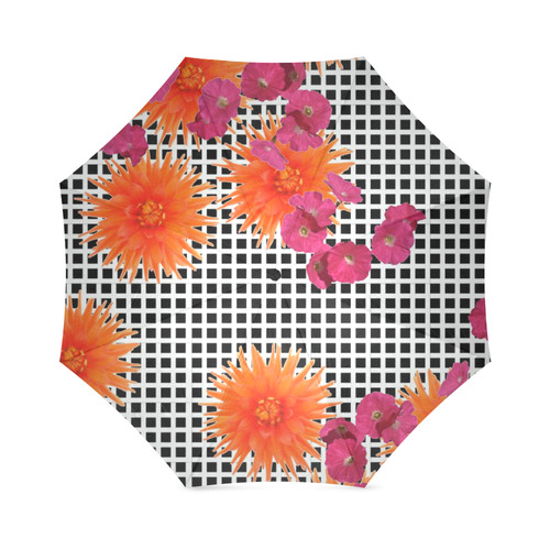 Umbrella Black White Check Orange Pink Flowers by Tell3People Foldable Umbrella (Model U01)