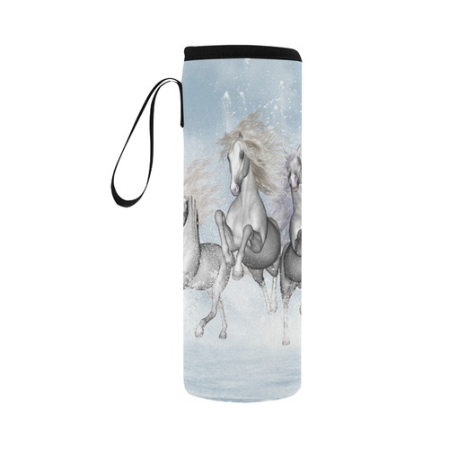 Awesome white wild horses Neoprene Water Bottle Pouch/Large