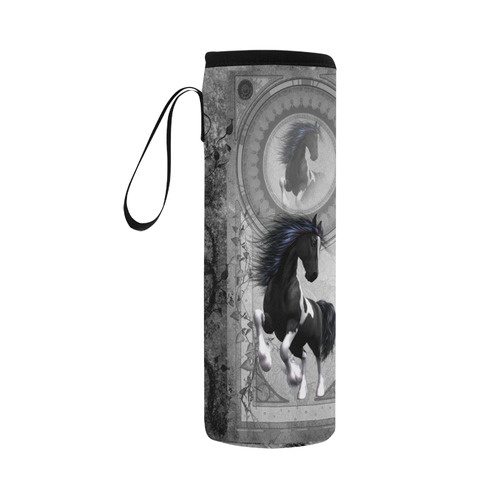 Awesome horse in black and white with flowers Neoprene Water Bottle Pouch/Large