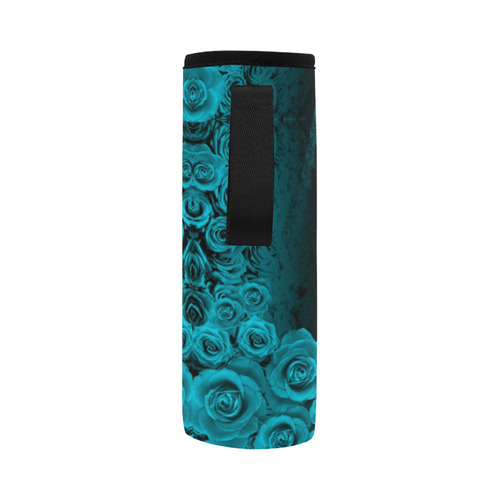 rose 3 turquoise Neoprene Water Bottle Pouch/Large