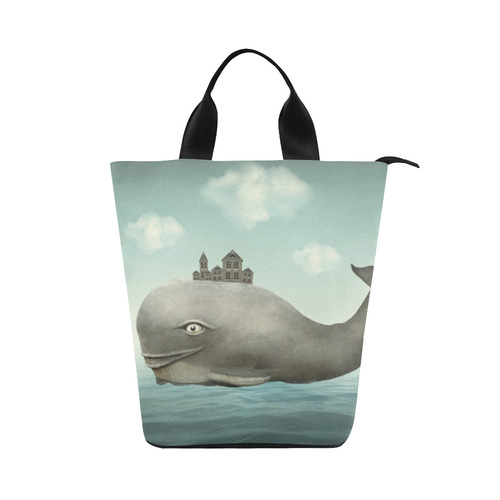 a whale in the ocean with some houses in his back Nylon Lunch Tote Bag (Model 1670)