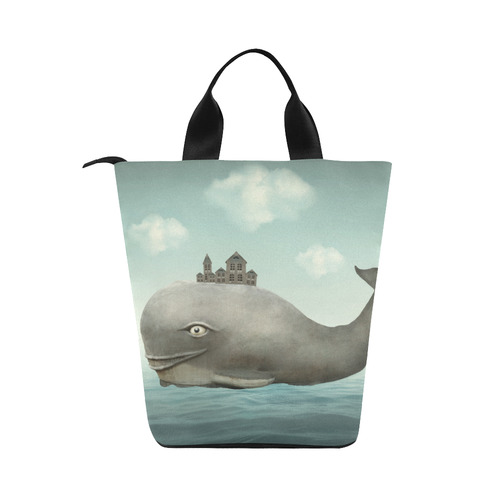 a whale in the ocean with some houses in his back Nylon Lunch Tote Bag (Model 1670)