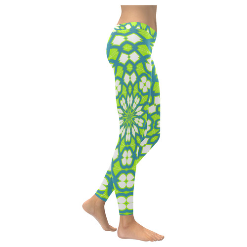 Leggings Hawaiian Blue Green White Pattern by Tell3People Women's Low Rise Leggings (Invisible Stitch) (Model L05)