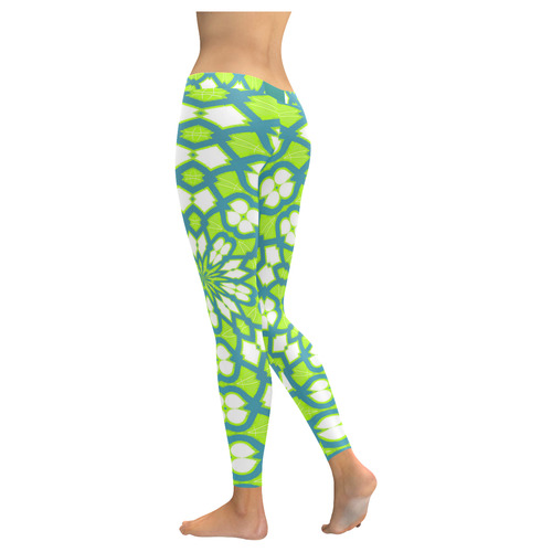 Leggings Hawaiian Blue Green White Pattern by Tell3People Women's Low Rise Leggings (Invisible Stitch) (Model L05)