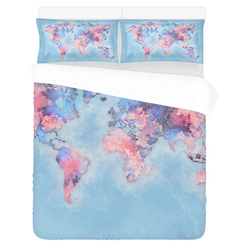 world map blue #map #worldmap 3-Piece Bedding Set