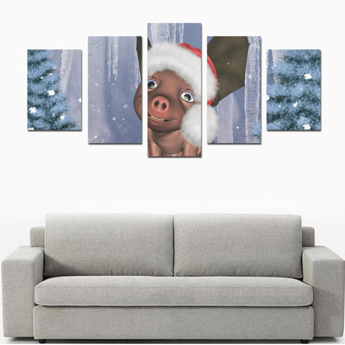 Christmas, cute little piglet with christmas hat Canvas Print Sets D (No Frame)