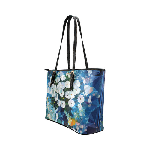 White Flowers Blue Vase Low Poly Art Leather Tote Bag/Large (Model 1651)