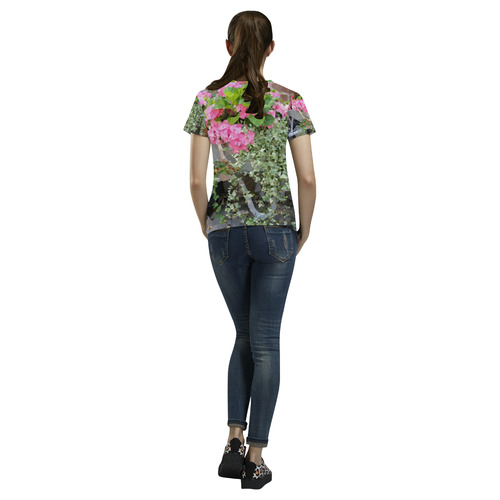 Pink Floral Wheelbarrow Geometric Polygon Art All Over Print T-Shirt for Women (USA Size) (Model T40)