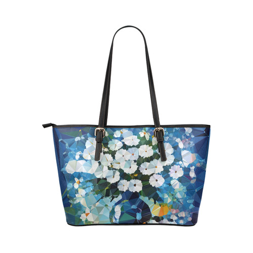 White Flowers Blue Vase Low Poly Art Leather Tote Bag/Large (Model 1651)