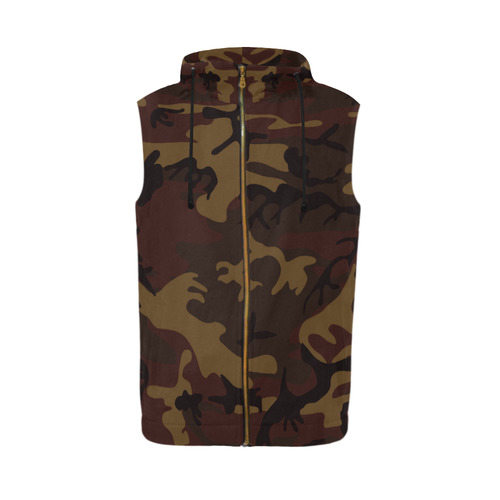 Camo Dark Brown All Over Print Sleeveless Zip Up Hoodie for Men (Model H16)