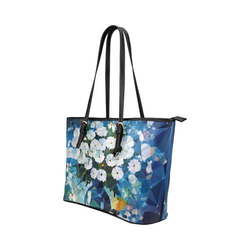 White Flowers Blue Vase Low Poly Art Leather Tote Bag/Large (Model 1651)