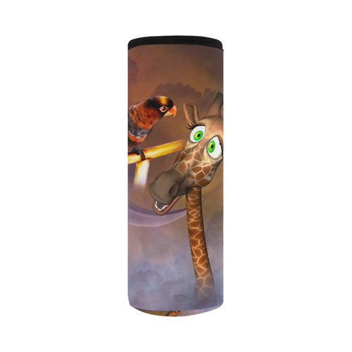 Funny giraffe with parrot Neoprene Water Bottle Pouch/Large