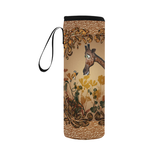 Sweet giraffe with bird Neoprene Water Bottle Pouch/Large