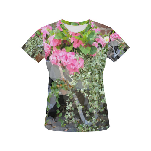 Pink Floral Wheelbarrow Geometric Polygon Art All Over Print T-Shirt for Women (USA Size) (Model T40)