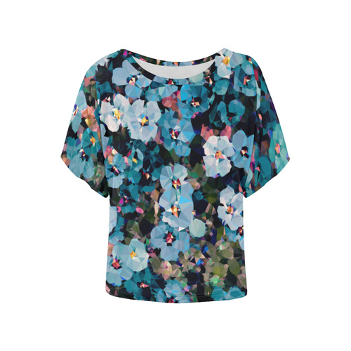 Blue Flowers Geometric Triangles Low Poly Art Women's Batwing-Sleeved Blouse T shirt (Model T44)