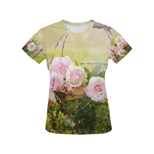 Pink Roses Floral Landscape Low Poly Art All Over Print T-Shirt for Women (USA Size) (Model T40)