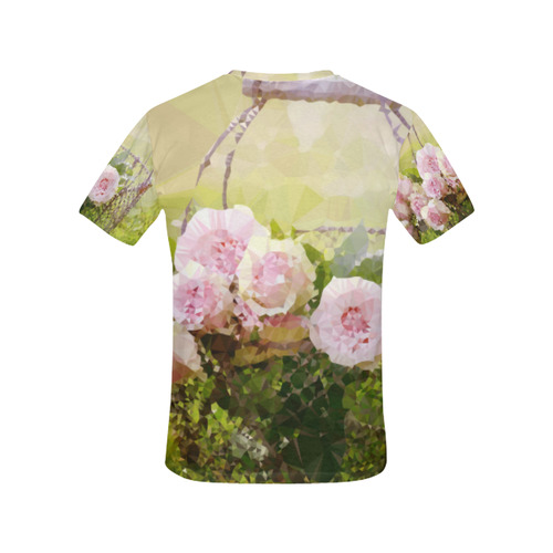 Pink Roses Floral Landscape Low Poly Art All Over Print T-Shirt for Women (USA Size) (Model T40)