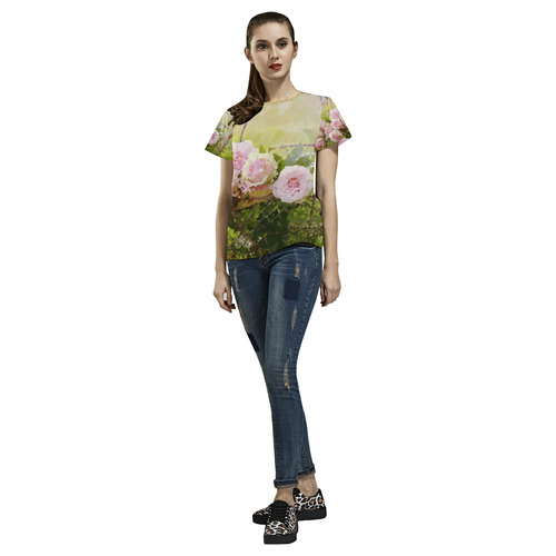 Pink Roses Floral Landscape Low Poly Art All Over Print T-Shirt for Women (USA Size) (Model T40)
