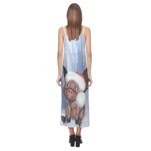 Christmas, cute little piglet with christmas hat V-Neck Open Fork Long Dress(Model D18)