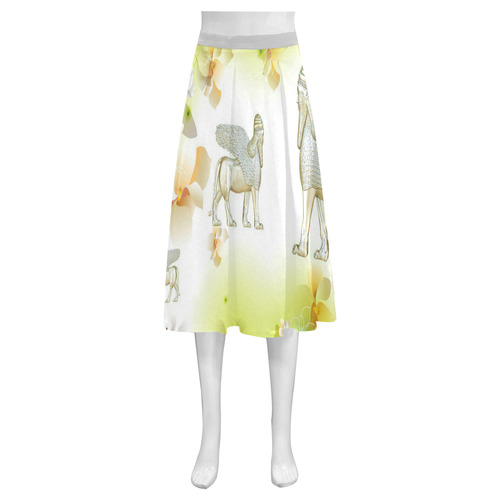 Assyrian Lamassu Yellow Skirt Mnemosyne Women's Crepe Skirt (Model D16)