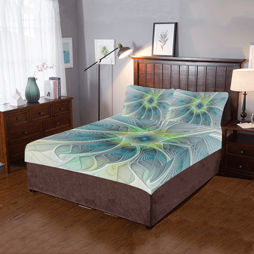 Floral Fantasy Abstract Blue Green Fractal Flower 3-Piece Bedding Set