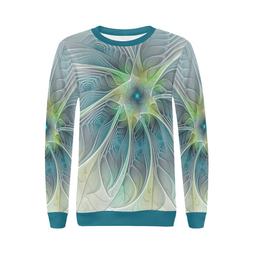 Floral Fantasy Abstract Blue Green Fractal Flower All Over Print Crewneck Sweatshirt for Women (Model H18)