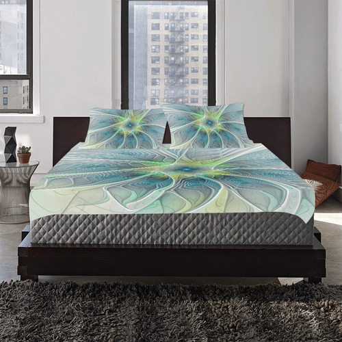 Floral Fantasy Abstract Blue Green Fractal Flower 3-Piece Bedding Set