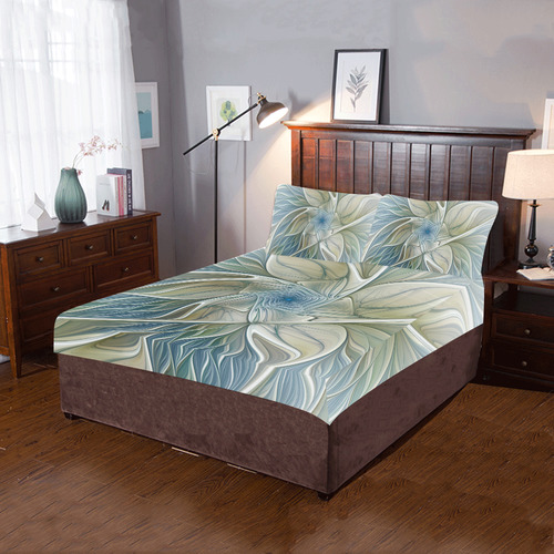 Floral Fantasy Pattern Abstract Blue Khaki Fractal 3-Piece Bedding Set