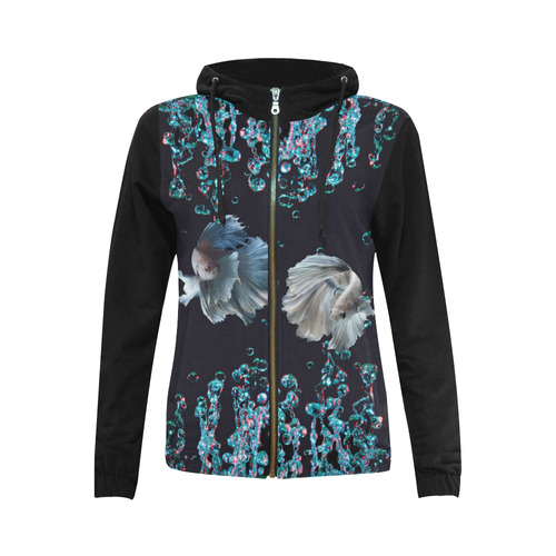 Blue Siamese Fighting Fish - Water Bubbles Photo All Over Print Full Zip Hoodie for Women (Model H14)