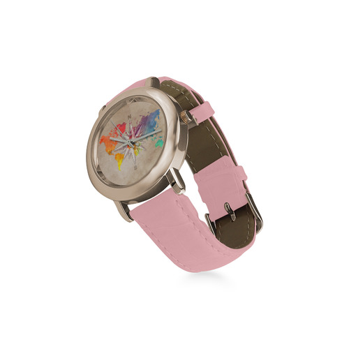 world map wind rose #map #worldmap Women's Rose Gold Leather Strap Watch(Model 201)