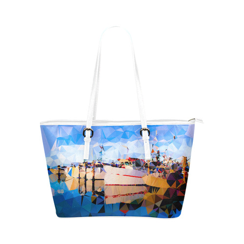 Boats in Harbor Low Polygon Art Leather Tote Bag/Large (Model 1651)