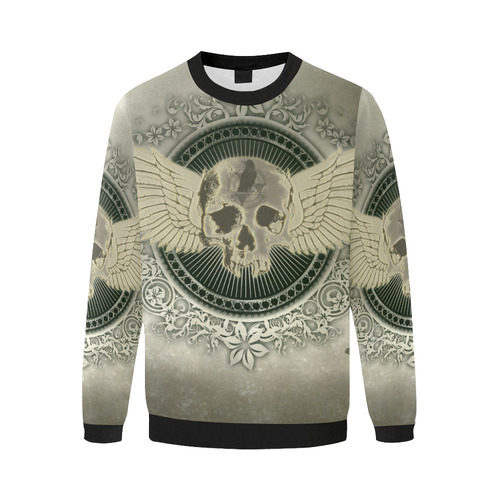 Skull with wings and roses on vintage background Men's Oversized Fleece Crew Sweatshirt (Model H18)