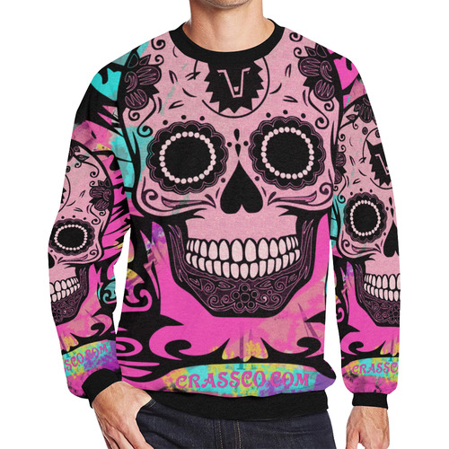 SKULL FLEECE BIG PINK I Men's Oversized Fleece Crew Sweatshirt/Large Size(Model H18)